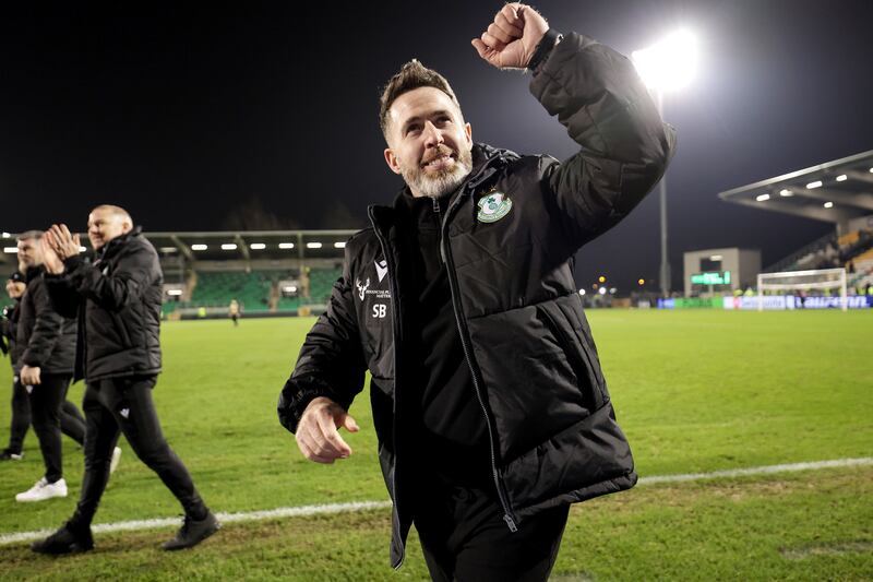 Stephen Bradley celebrates after Shamrock Rovers' 3-0 win over Borac at Tallaght Stadium on December 12th. Photograph: Laszlo Geczo/Inpho