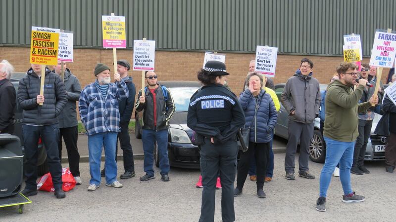 Protesters outside the Brexit Party event in Coventry. Photograph: Jennifer O’Connell