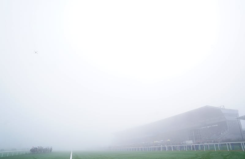 Runners and riders take part in the Dornan Careers Novice Handicap Hurdle following a delay for fog. Photograph: Brian Lawless/PA