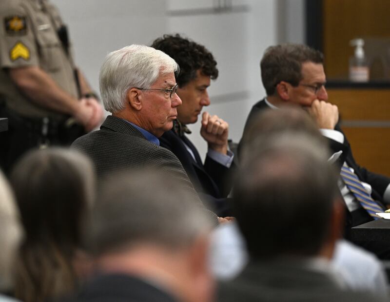 Thomas Martens, from left, sits with attorneys Jones Byrd and Jay Vannoy during a hearing, for Martens and his daughter, Molly Corbett, in the 2015 death of Molly's husband, Jason Corbett at the Davidson County Courthouse in Lexington, North Carolina. Photograph: Walt Unks/Winston-Salem Journal/Pool