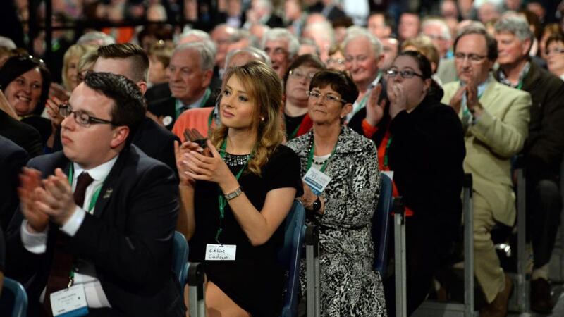 Delegates listening to party leader Micheál Martin delivering his keynote speech at the Fianna Fáil ardfheis in Dublin. Photograph: Eric Luke/The Irish Times.