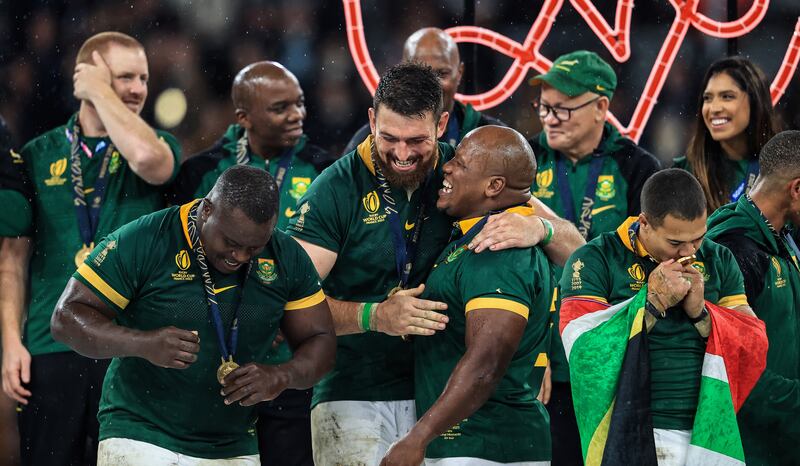 South Africa’s Trevor Nyakane, Jean Kleyn and Bongi Mbonambi celebrate after the World Cup final. Photograph: ©INPHO/Dan Sheridan