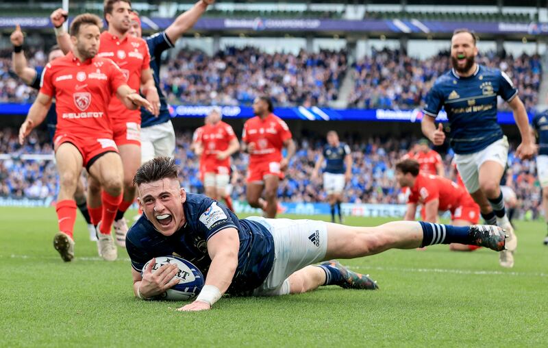 Leinster’s Dan Sheehan celebrates his try against Toulouse. Photograph: Dan Sheridan/Inpho