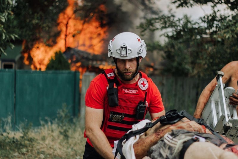 Oleksandr Lavrenyuk on an evacuation mission in Slovyansk in eastern Ukraine in July 2022. Photograph: Ukrainian Red Cross