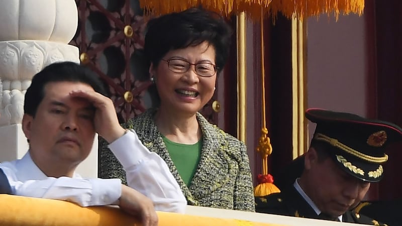 Hong Kong chief xxecutive Carrie Lam attends the military parade in Tiananmen Square in Beijing on Tuesday to mark the 70th anniversary of the founding of the People’s Republic of China. Photograph: Greg Baker/AFP/Getty Images