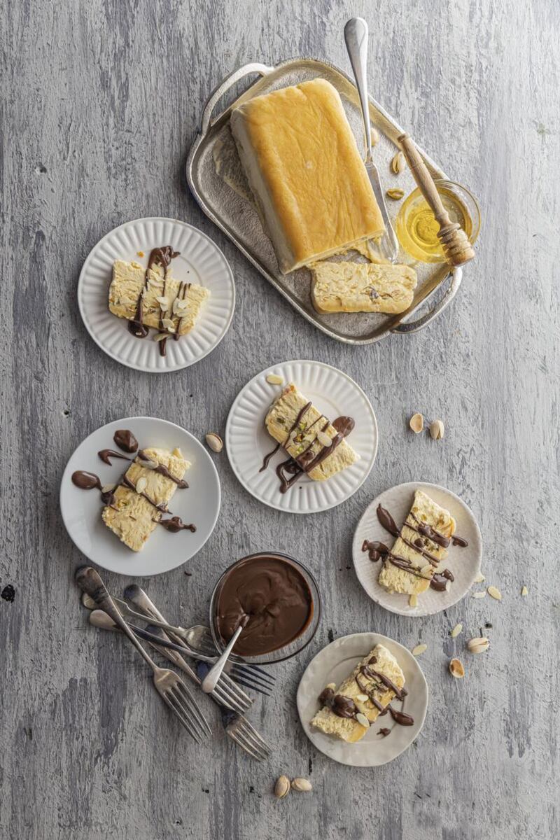 Aoife Noonan’s nougat semifreddo with amaretto chocolate sauce. Photograph: Harry Weir Photography