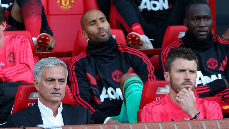 Carrick with Mourinho in the Old Trafford dugout. Photo: Matthew Peters/Man Utd via Getty Images