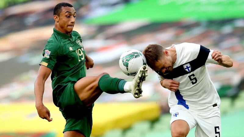 Ireland’s Adam Idah in action against  Leo Väisänen of Finland during the Uefa Nations League game at the  Aviva Stadium. Photograph: Ryan Byrne/Inpho