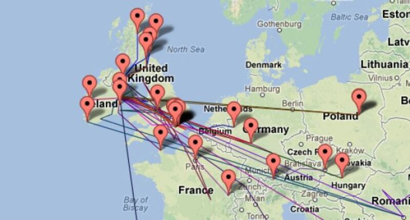 A screengrab from the Jailbreak mycharity page showing the routes taken by some of the participants.