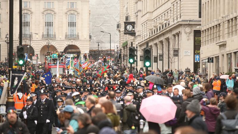 The St Patrick’s Day parade on Haymarket in London. Photograph: James Manning/PA Wire