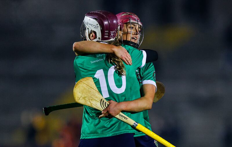 Sarsfields Galway’s Orlaith McGrath and Klara Donohue celebrate after the victory over Cork club Sarsfields in the All-Ireland semi-final at Mallow. Photograph; Ryan Byrne/Inpho 