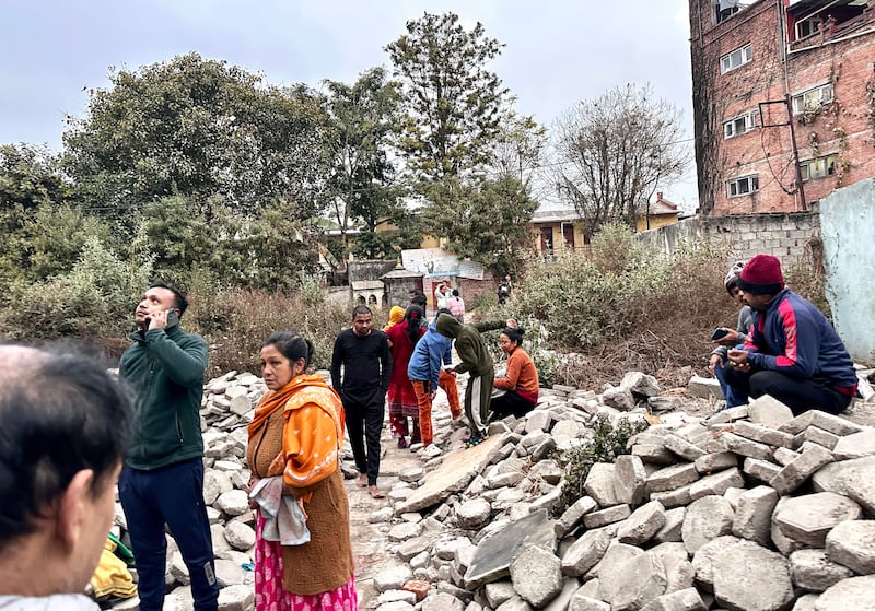 Nepalese people gather after getting out of their homes following an early morning earthquake in Kathmandu, Nepal, January 7th 2025.