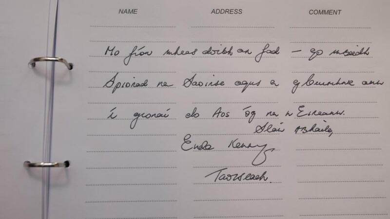 A book of condolence signed by Taoiseach Enda Kenny TD in the Mansion House, Dublin for the six students who died in the balcony collapse tragedy in Berkeley, California. Photograph: Gareth Chaney Collins