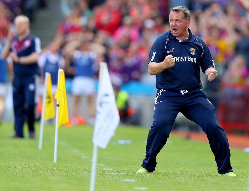 Davy Fitzgerald celebrates a Wexford goal at Croke Park against Galway. In 2019 he led them to a first Leinster title in 15 years when they beat Kilkenny. Photograph: Oisin Keniry/Inpho 