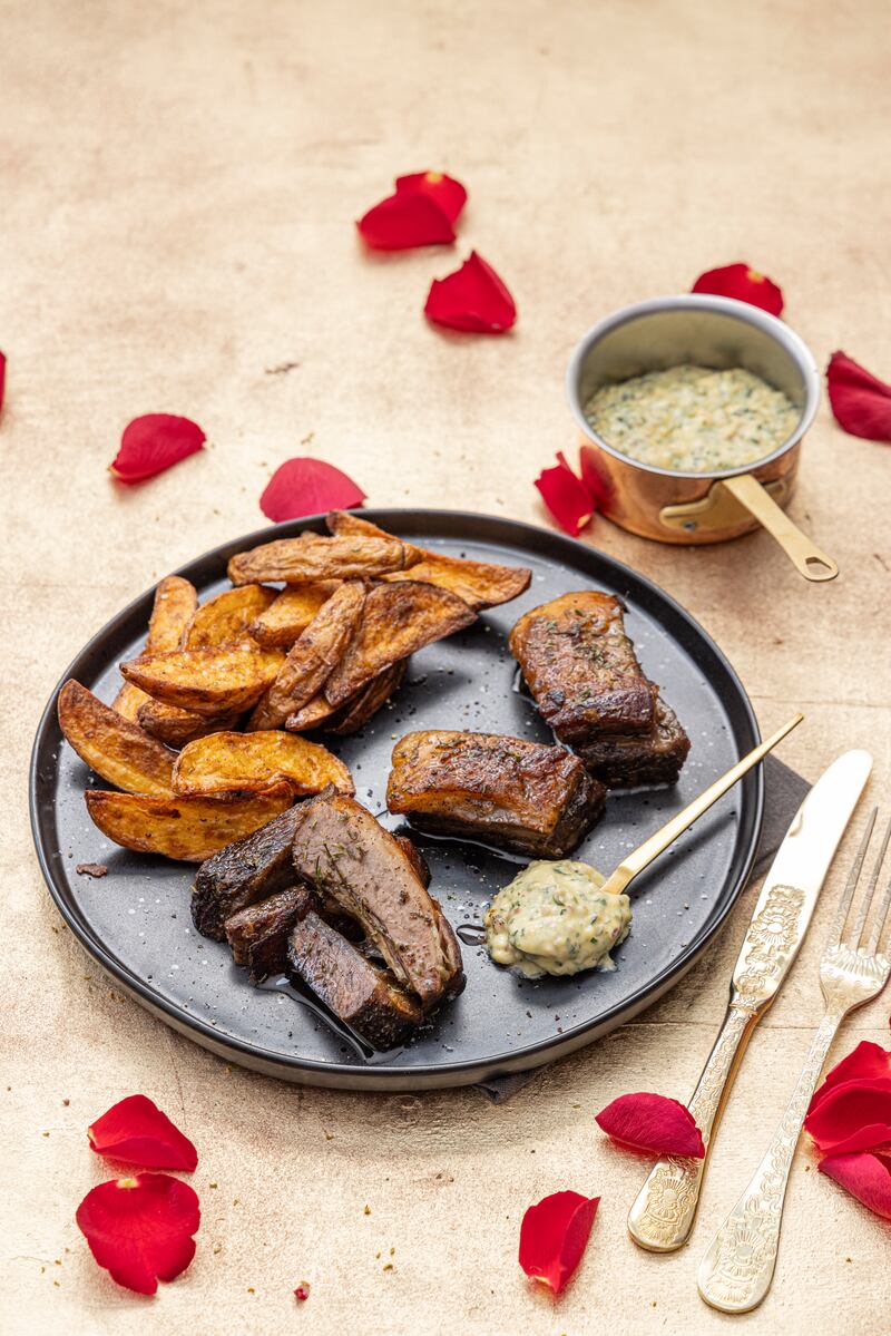 Slow cooked shortrib 'steak', bernaise sauce, air fryer wedges. Photograph: Harry Weir