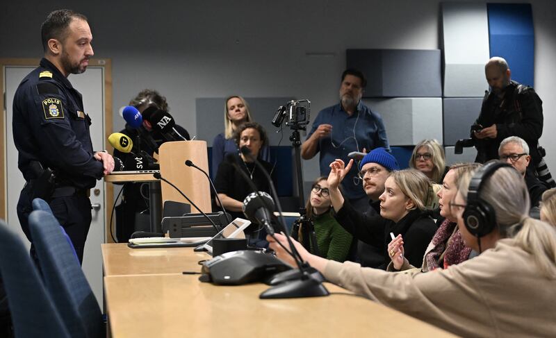 Local police Roberto Eid Forest speaks to reporters in Örebro, Sweden, on Tuesday after a school shooting in which about 10 people were killed. Photograph: Jonathan Nackstrand/AFP via Getty Images         