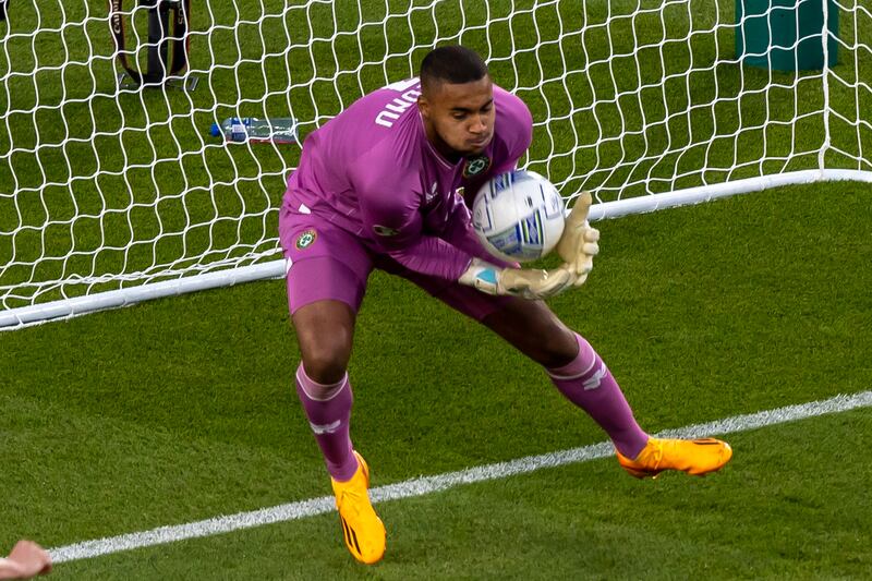 Republic of Ireland goalkeeper Gavin Bazunu makes a save in the Euro 2024 qualifying round against Gibraltar in the Aviva Stadium on June 19th. Photograph: Morgan Treacy/Inpho