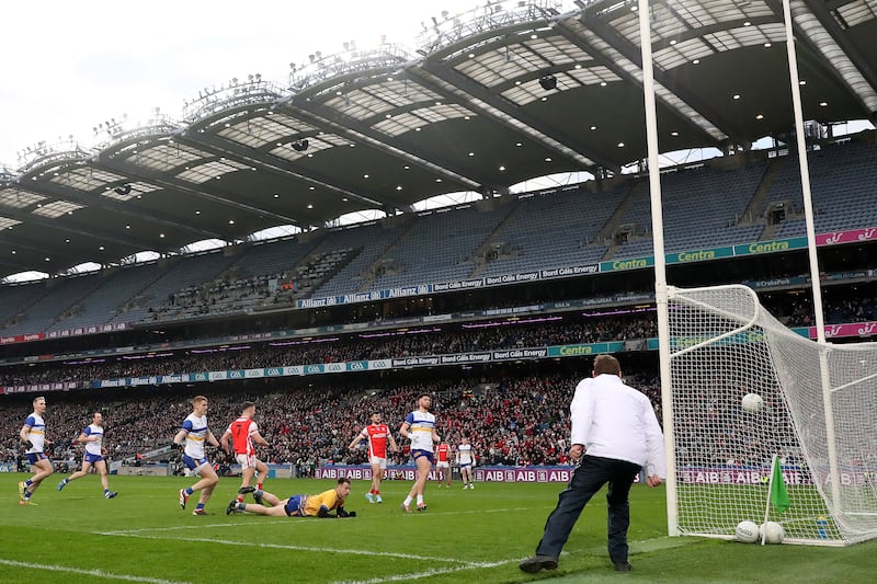 Peadar Ó Cofaigh Byrne scores a goal for Cuala. Photograph: Bryan Keane/Inpho