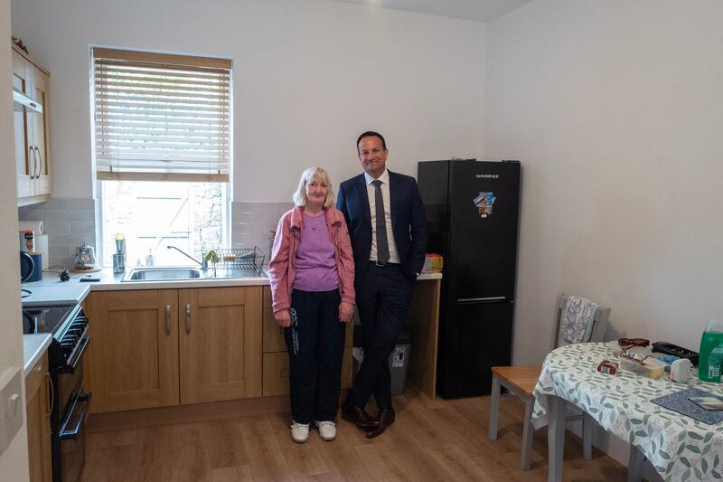 Margaret Campbell with Taoiseach Leo Varadkar in the kitchen of her new home Stanwix Village