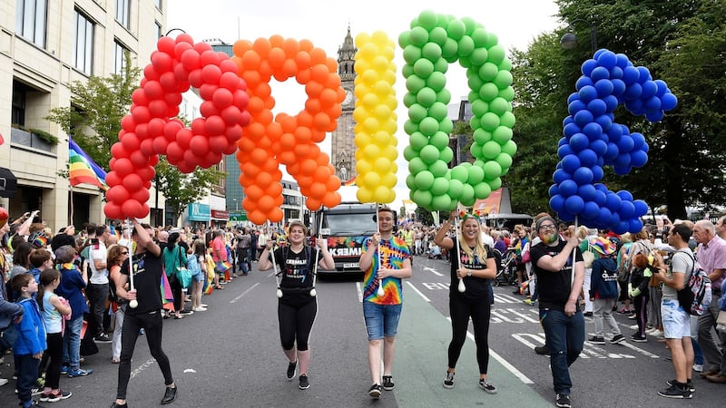 People taking part in the Belfast Pride parade setting off from Custom House Square in central Belfast. Photograph:  Michael Cooper/PA Wire