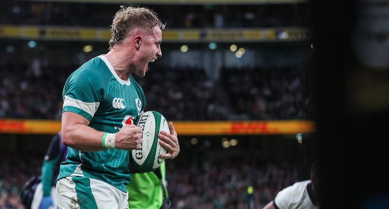 Ireland's Craig Casey celebrates scoring a try against Fiji at the Aviva Stadium. Photograph: Ben Brady/Inpho 