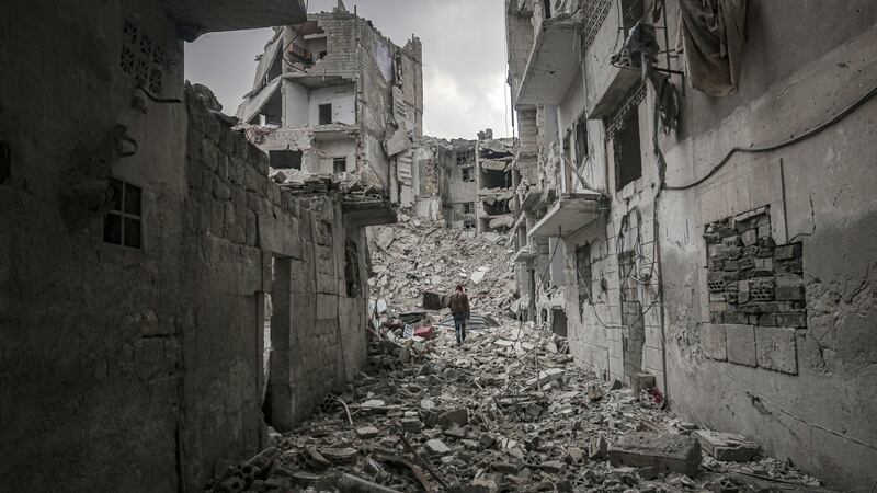 Destroyed buildings  in Ariha district, Idlib. Photograph:   Muhammed Said/Anadolu Agency via Getty Images