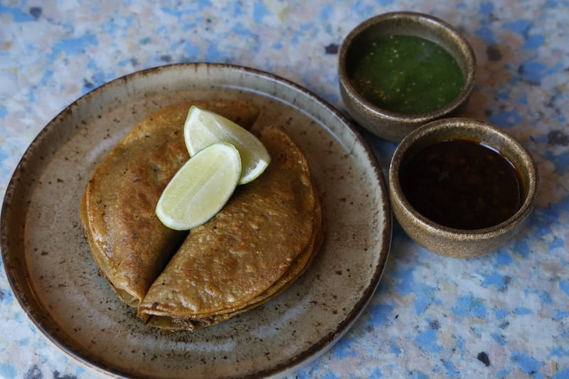 Suertudo: Jalisco-style birria taco of Irish lamb shoulder, consomé. Photograph: Nick Bradshaw