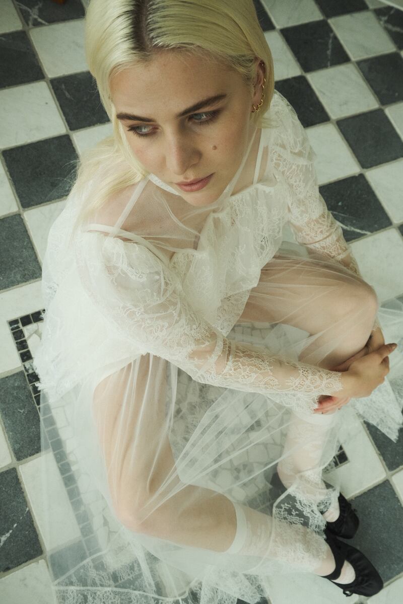 White blouse €700 and Mae skirt €520. Photograph: Isabel Farrington