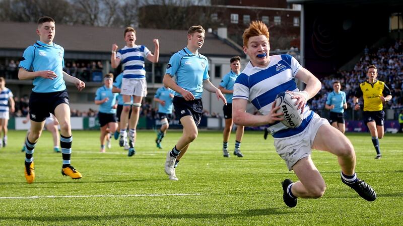 Ethan Laing crosses for Blackrock during his side’s final defeat to St Michael’s. Photograph: Oisin Keniry/Inpho