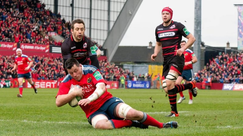 Munster’s James Coughlan scores his side’s first try against Edinburgh.  Photograph: James Crombie/Inpho