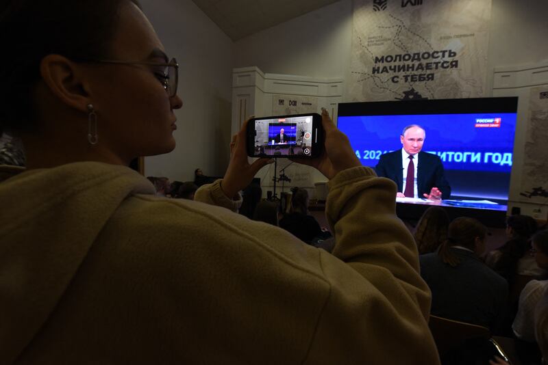 Activists of various youth organisations of the Donetsk People's Republic watch a live broadcast of Russian president Vladimir Putin's annual end-of-year press conference at a palace of culture in Donetsk, Russian-controlled Ukraine, on December 19th. Photograph: Stringer/AFP via Getty