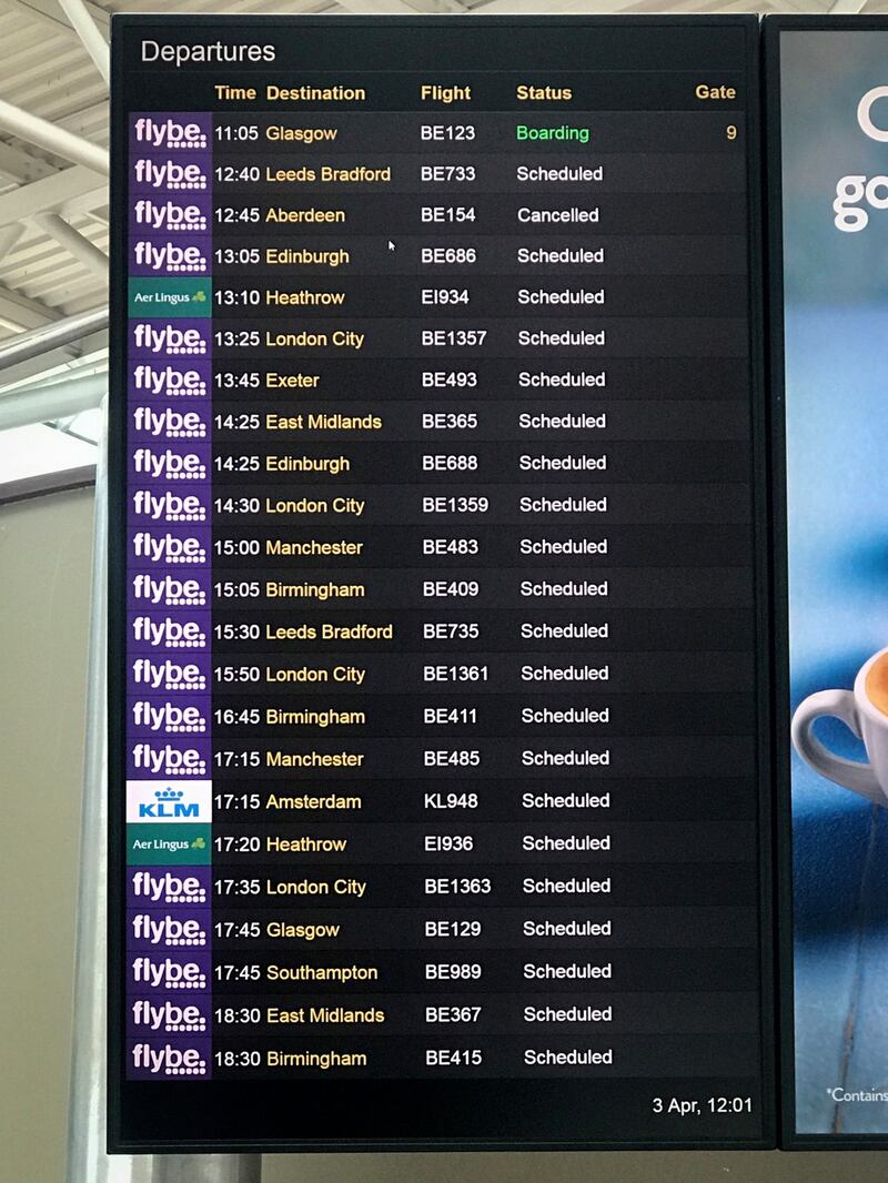 Departures screen at George Best Belfast City Airport after Flybe flights at the airport were cancelled on Wednesday. Photograph: Liam McBurney/PA Wire