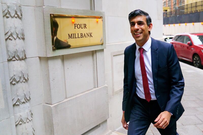 Tory leadership candidate Rishi Sunak arrives at the LBC studios at Millbank in central London. Photograph: Victoria Jones/PA