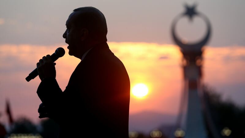 Recep Tayyip Erdogan delivering a speech outside the Presidential Palace in Ankara after a  failed coup in July 2016. Photograph:  Presidency Press Service via AP