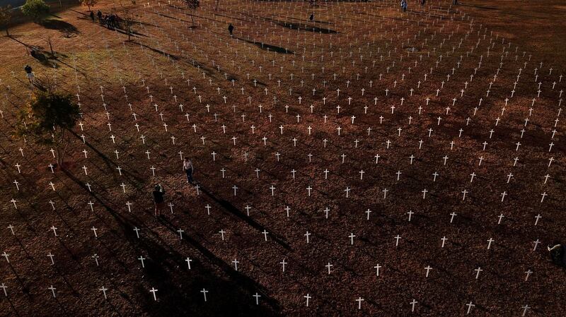 An aerial view taken during a protest against Brazilian president Jair Bolsonaro and in honour of the people who died of Covid-19 in which 1,000 crosses were placed in front of the National Congress in Brasilia, amid the novel coronavirus pandemic on June 28th.Photograph: Sergio Lima/AFP/Getty