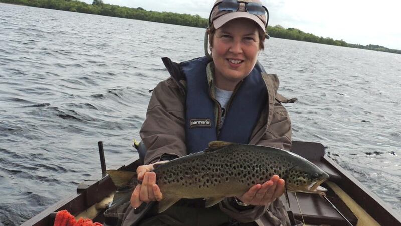 Mary Harkin of Rory’s Tackle Shop, Dublin, with her 4lb fish caught on a spent pattern on Lough Sheelin