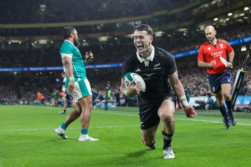 New Zealand's Will Jordan celebrates after scoring a try at the Aviva Stadium. Photograph: Paul Faith/AFP via Getty Images