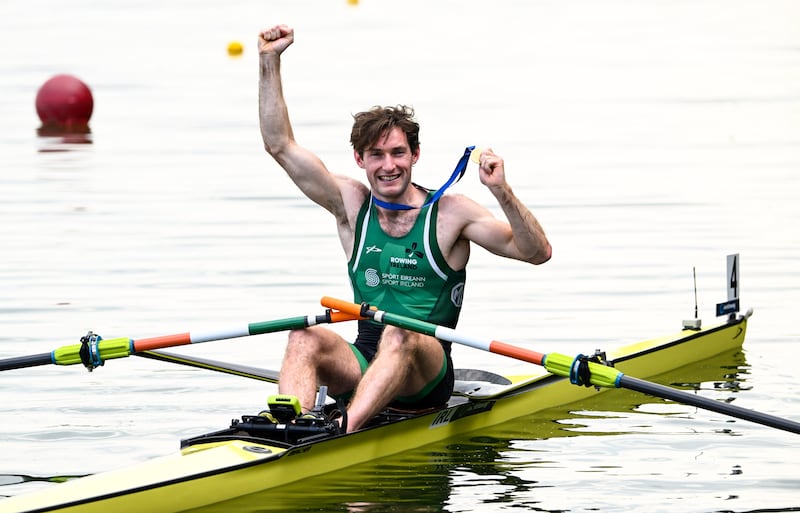 Losing count: Ireland’s Paul O’Donovan celebrates after winning at the World Rowing Championships in Canada. Photograph: Maren Derlien/Inpho