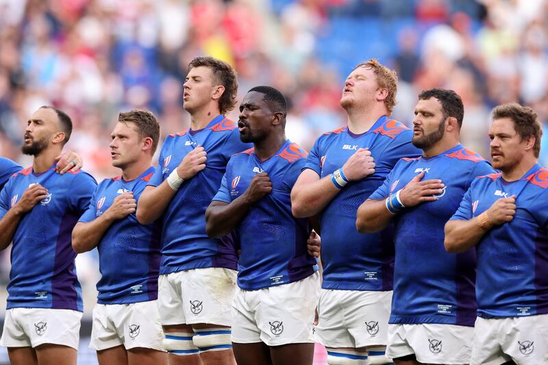 The players of Namibia line up during the National Anthems prior to the Rugby World Cup France 2023 match between Uruguay and Namibia. Photograph: Jan Kruger/Getty