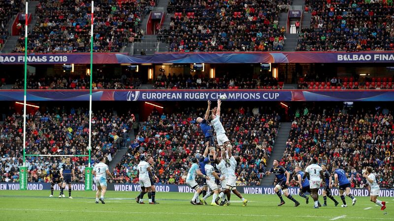 Donnacha Ryan contests with Devin Toner during Racing 92’s defeat to Leinster. Photograph: Dan Sheridan/Inpho