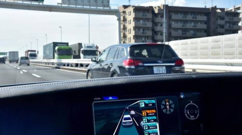 The car’s display shows the sensors in operation and what the car has spotted as potential challenges