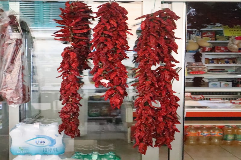 Peperoni cruschi, dried red peppers, festoon what seems like every other building in Matera. Photograph: Ken Doherty