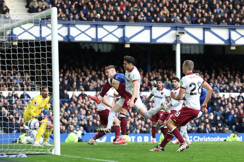 Jake O'Brien of Everton scores his team's first goal against West Ham United during drawn game at Goodison Park on Saturday. Photograph: Carl Recine/Getty Images