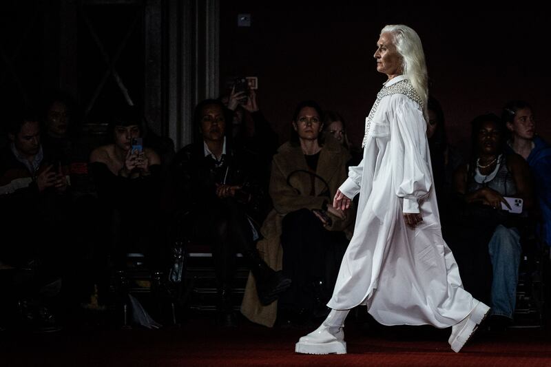 Irish actor Olwen Fouéré wearing a design by Simone Rocha during her  2023 autumn-winter fashion show collection on the second day of the London Fashion Week on  Saturday. Photograph: Niklas Halle'n/AFP/Getty Images