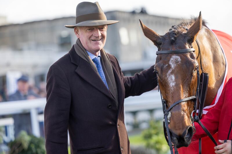 Trainer Willie Mullins with El Fabiolo after the win in the Ladbrokes Dublin Steeplechase at Leopardstown. Photograph: Morgan Treacy/Inpho 
