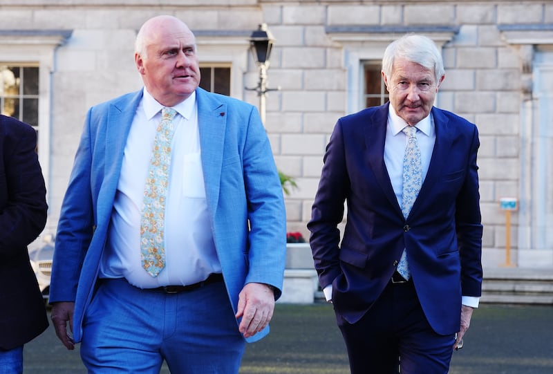 Noel Grealish pictured with Michael Lowry (right) at Leinster House on Wednesday. Photograph: PA