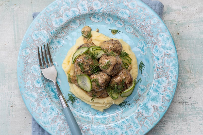 Mark Moriarty's Scandinavian meatballs with pickled cucumber and dill. Photograph: Harry Weir