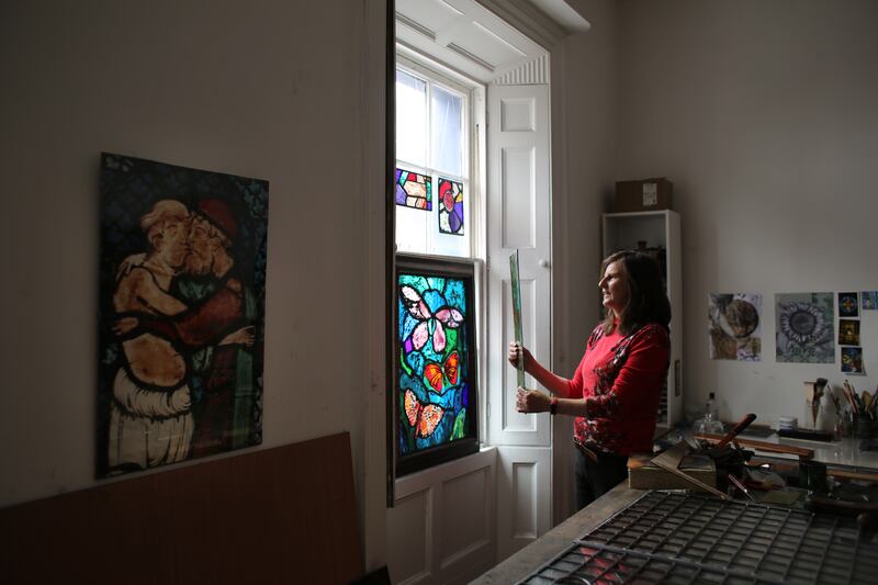 Colette Langan, stained glass artist in her studio in Carrick On Shannon, Co. Leitrim. Photo: Bryan O’Brien / The Irish Times
