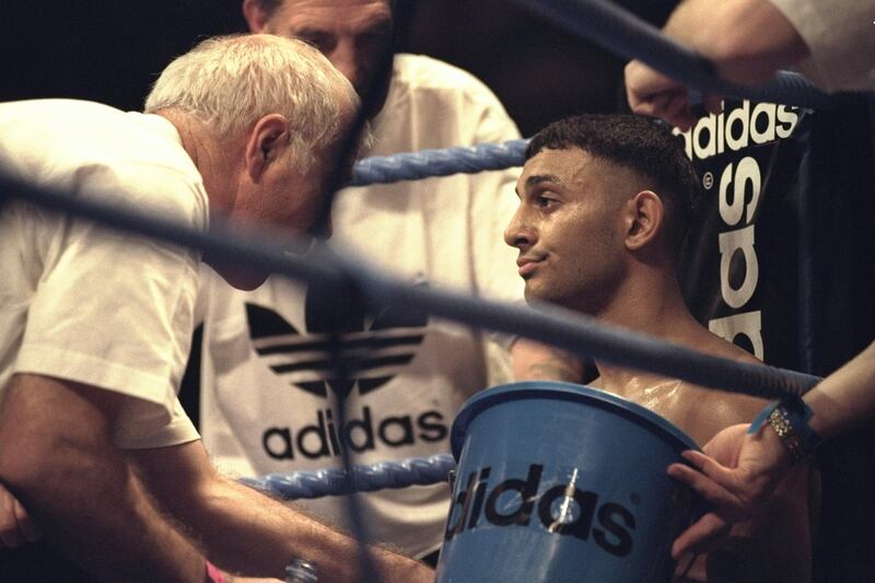 Brendan Ingle (left) gives advice to Prince Naseem Hamed during his 1996 world title fight against Remigio Molina. Hamed won the fight in the second round. Photograph: John Gichigi/Allsport