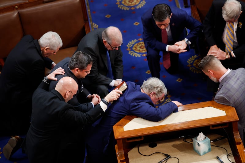 Members-elect pray together in the House Chamber before the start of the fourth day of elections for Speaker of the House at the US Capitol Building on Frida. Photograph: Anna Moneymaker/Getty Images